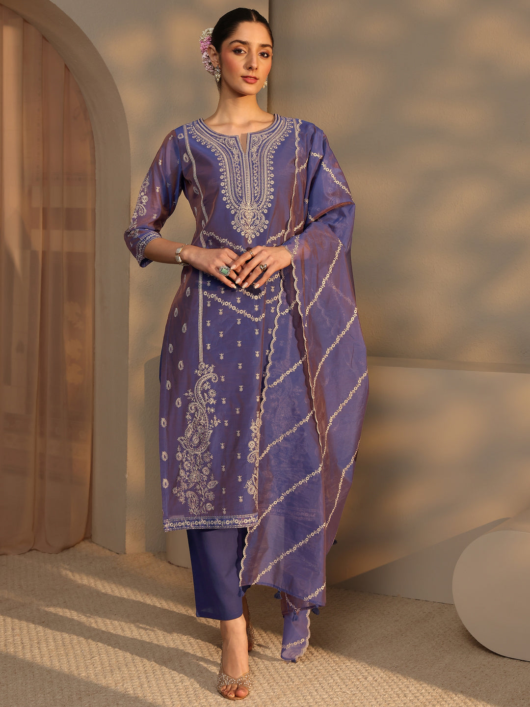  Libas Art Purple Embroidered Silk Blend Straight Suit Set With Dupatta 