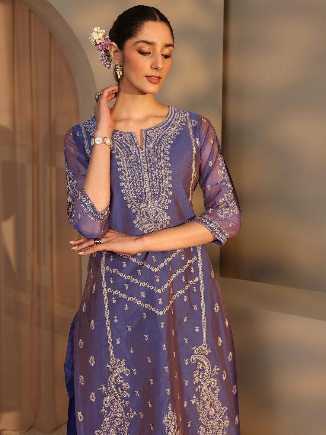  Libas Art Purple Embroidered Silk Blend Straight Suit Set With Dupatta 