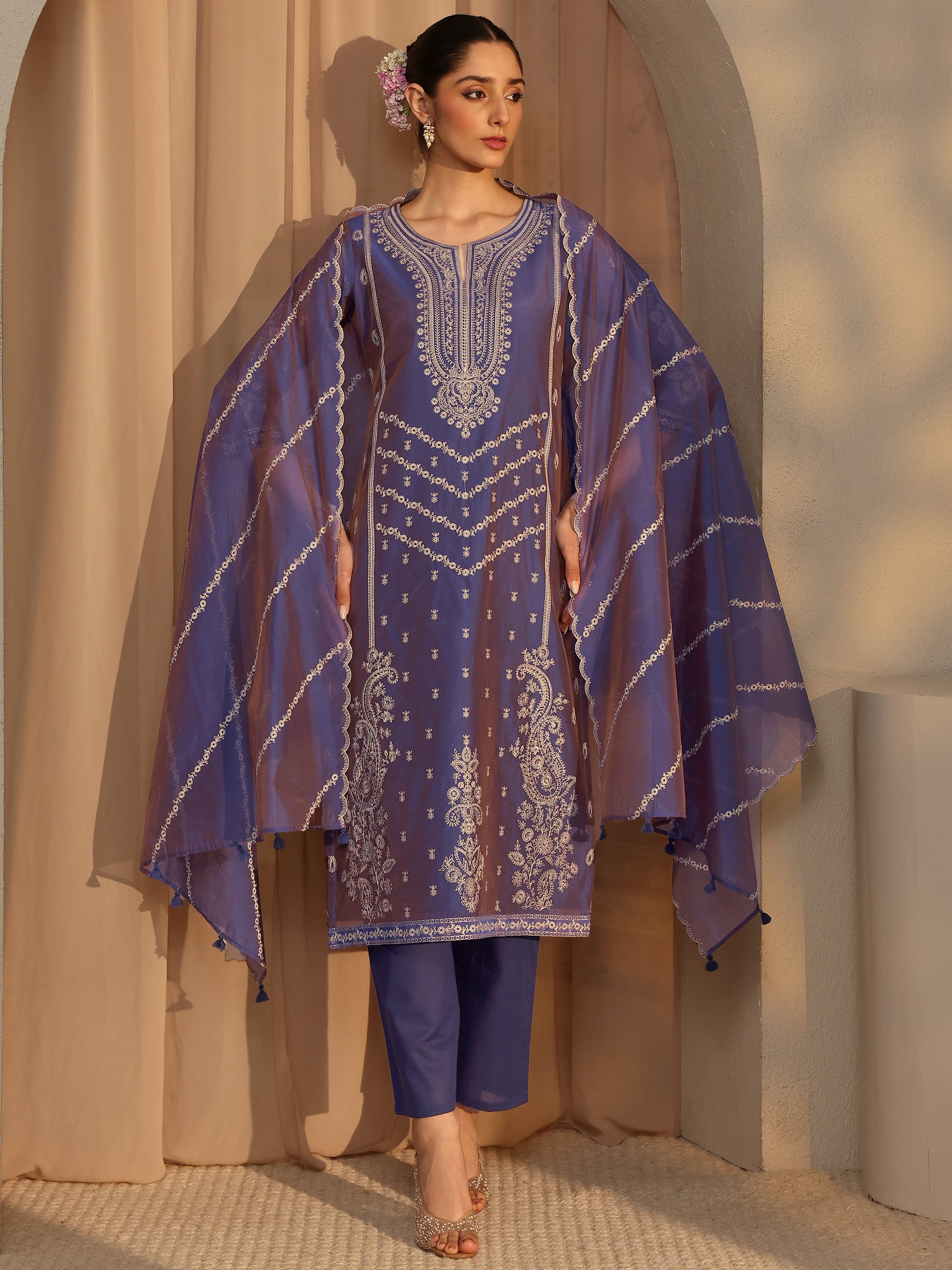 Libas Art Purple Embroidered Silk Blend Straight Suit Set With Dupatta-picture-47