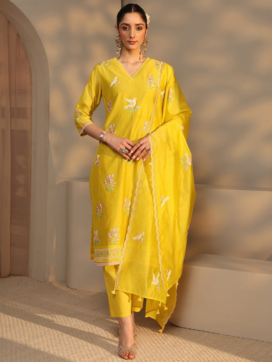  Libas Art Yellow Embroidered Silk Blend Straight Suit Set With Dupatta 