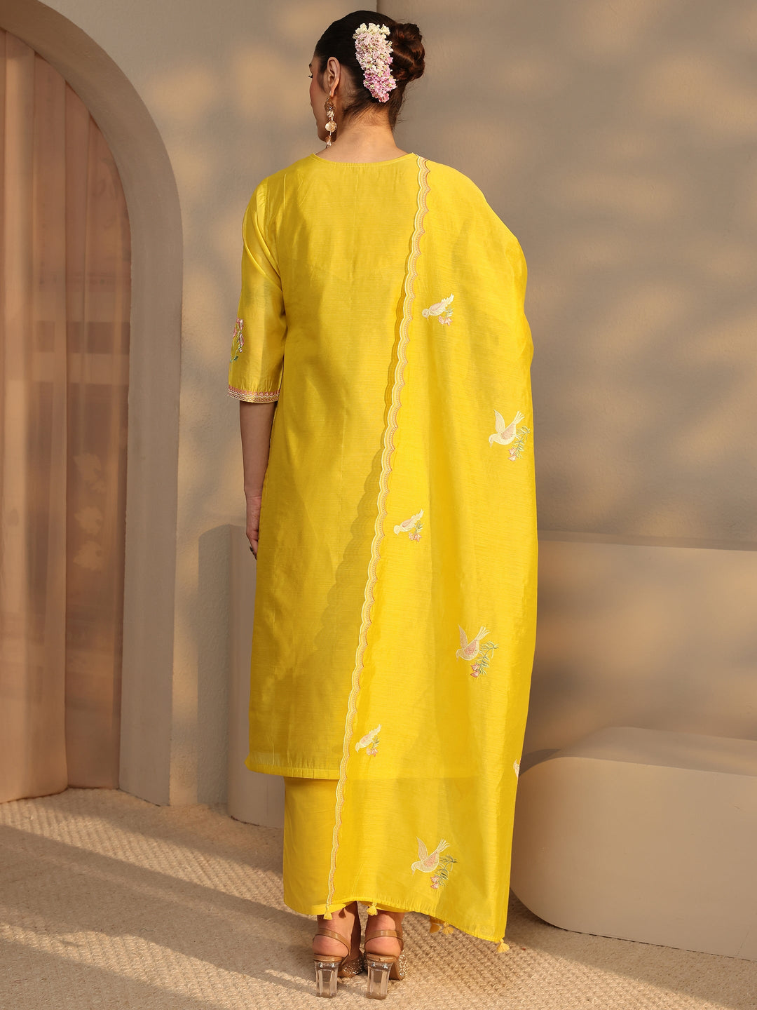  Libas Art Yellow Embroidered Silk Blend Straight Suit Set With Dupatta 