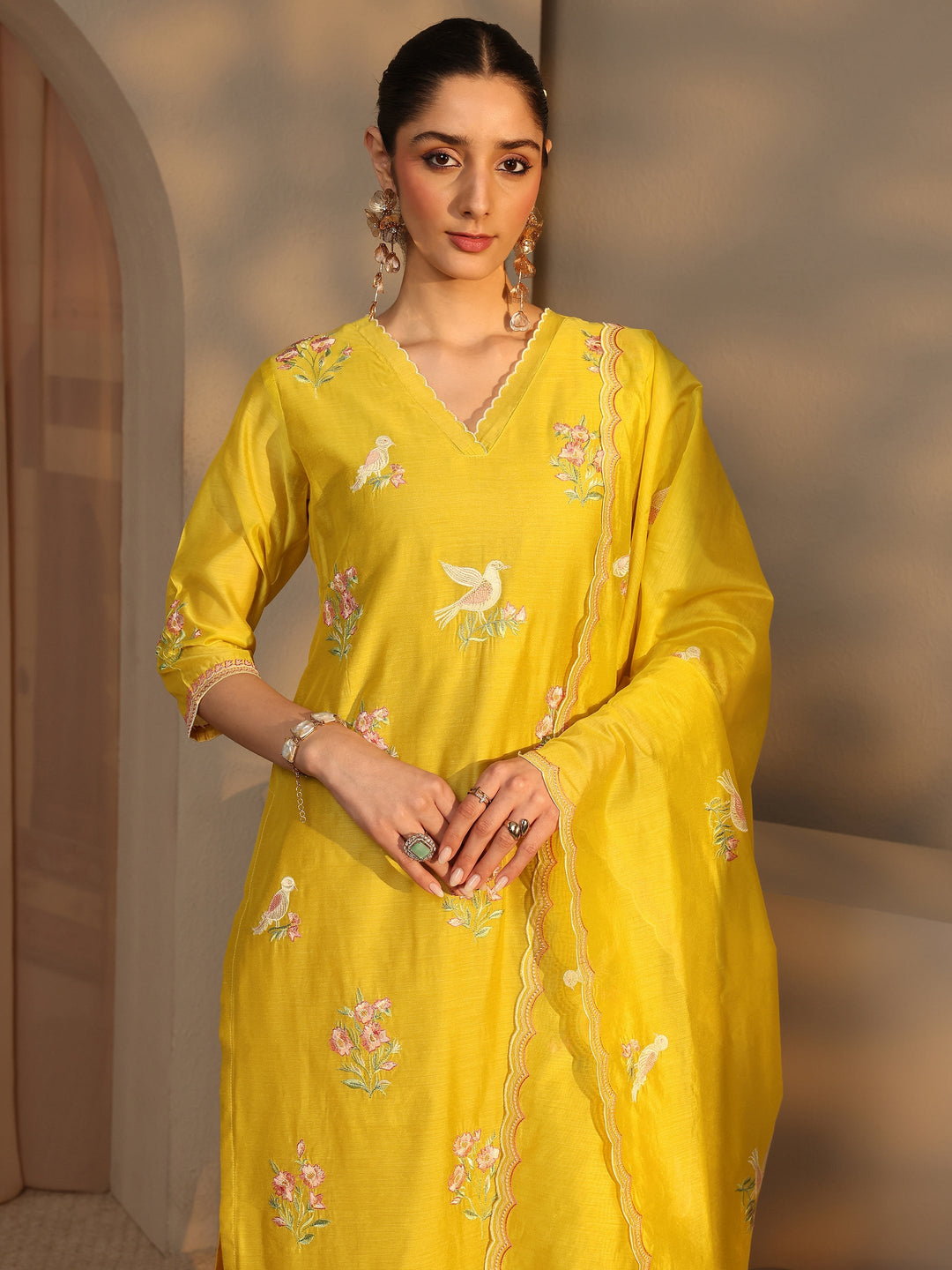  Libas Art Yellow Embroidered Silk Blend Straight Suit Set With Dupatta 