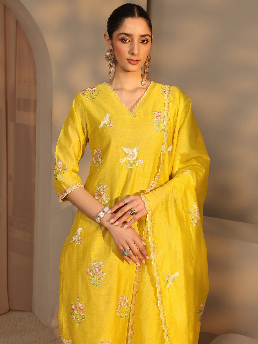  Libas Art Yellow Embroidered Silk Blend Straight Suit Set With Dupatta 