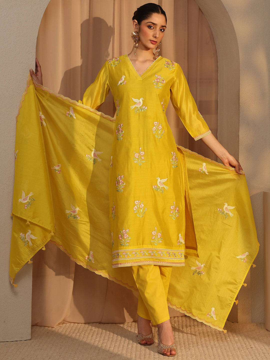  Libas Art Yellow Embroidered Silk Blend Straight Suit Set With Dupatta 