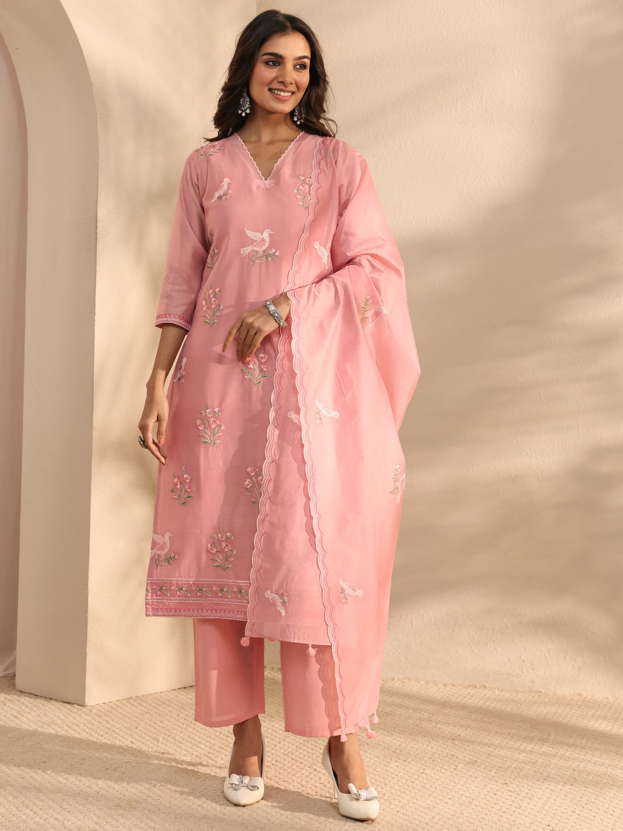 Libas Art Pink Embroidered Silk Blend Straight Suit Set With Dupatta-picture-20