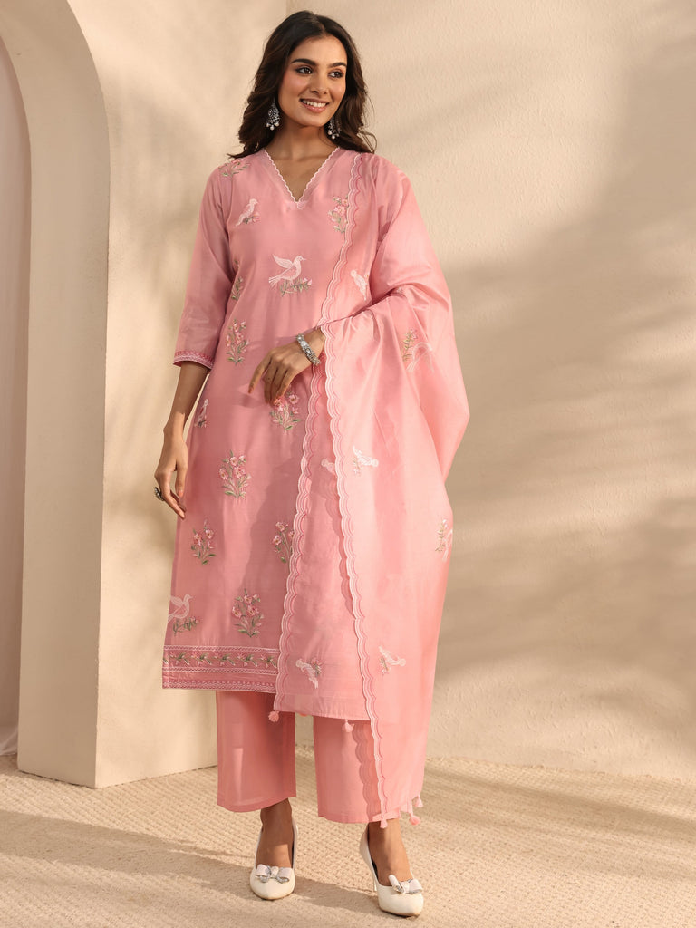 Libas Art Pink Embroidered Silk Blend Straight Suit Set With Dupatta