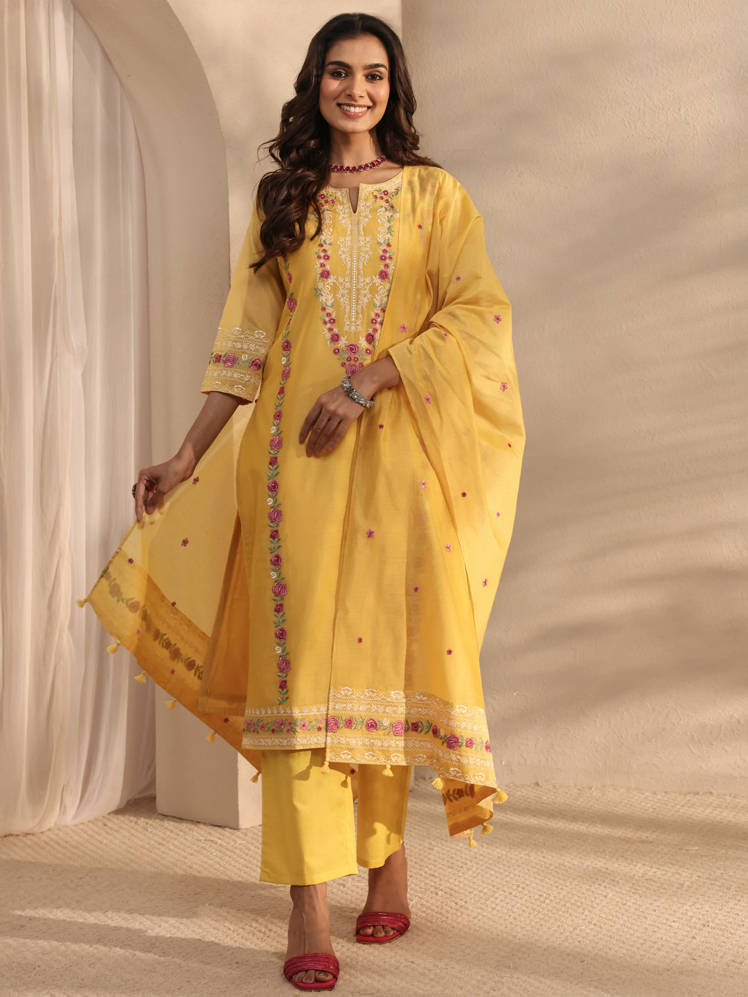  Libas Art Yellow Embroidered Silk Blend Straight Suit Set With Dupatta 