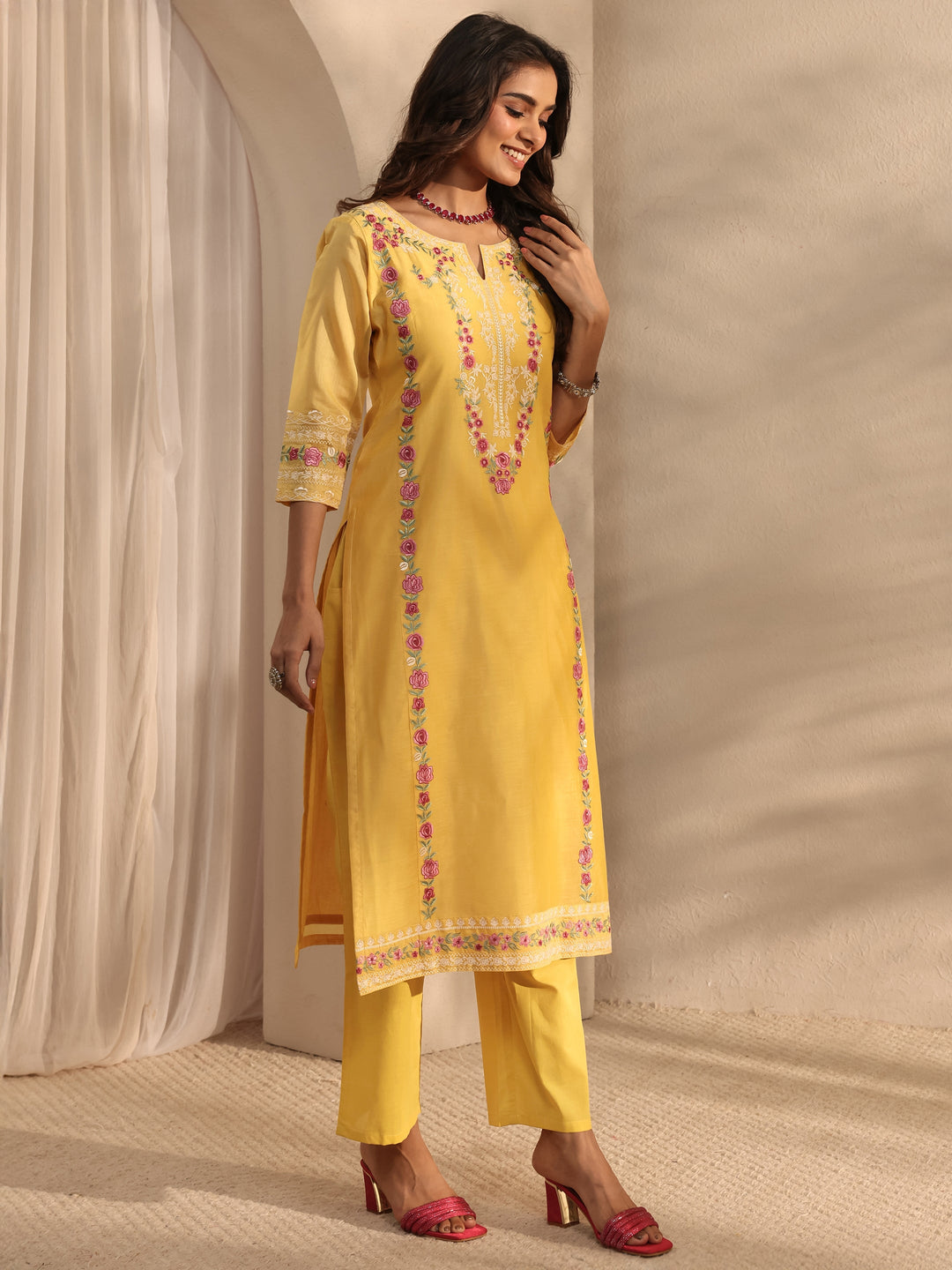  Libas Art Yellow Embroidered Silk Blend Straight Suit Set With Dupatta 
