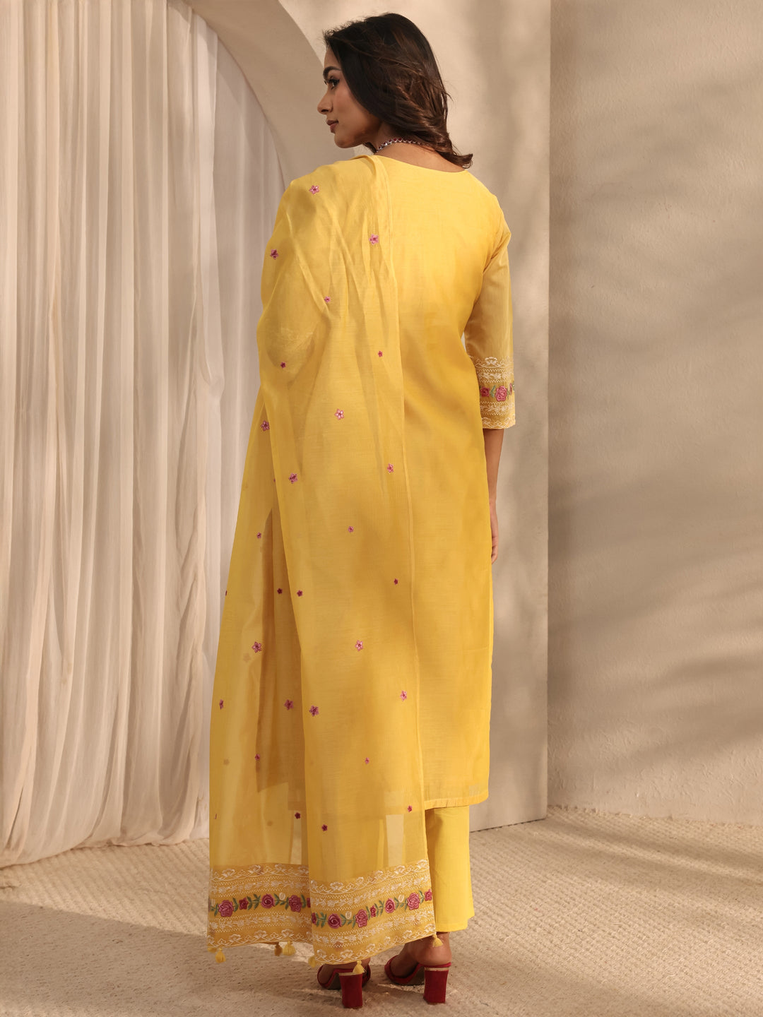  Libas Art Yellow Embroidered Silk Blend Straight Suit Set With Dupatta 