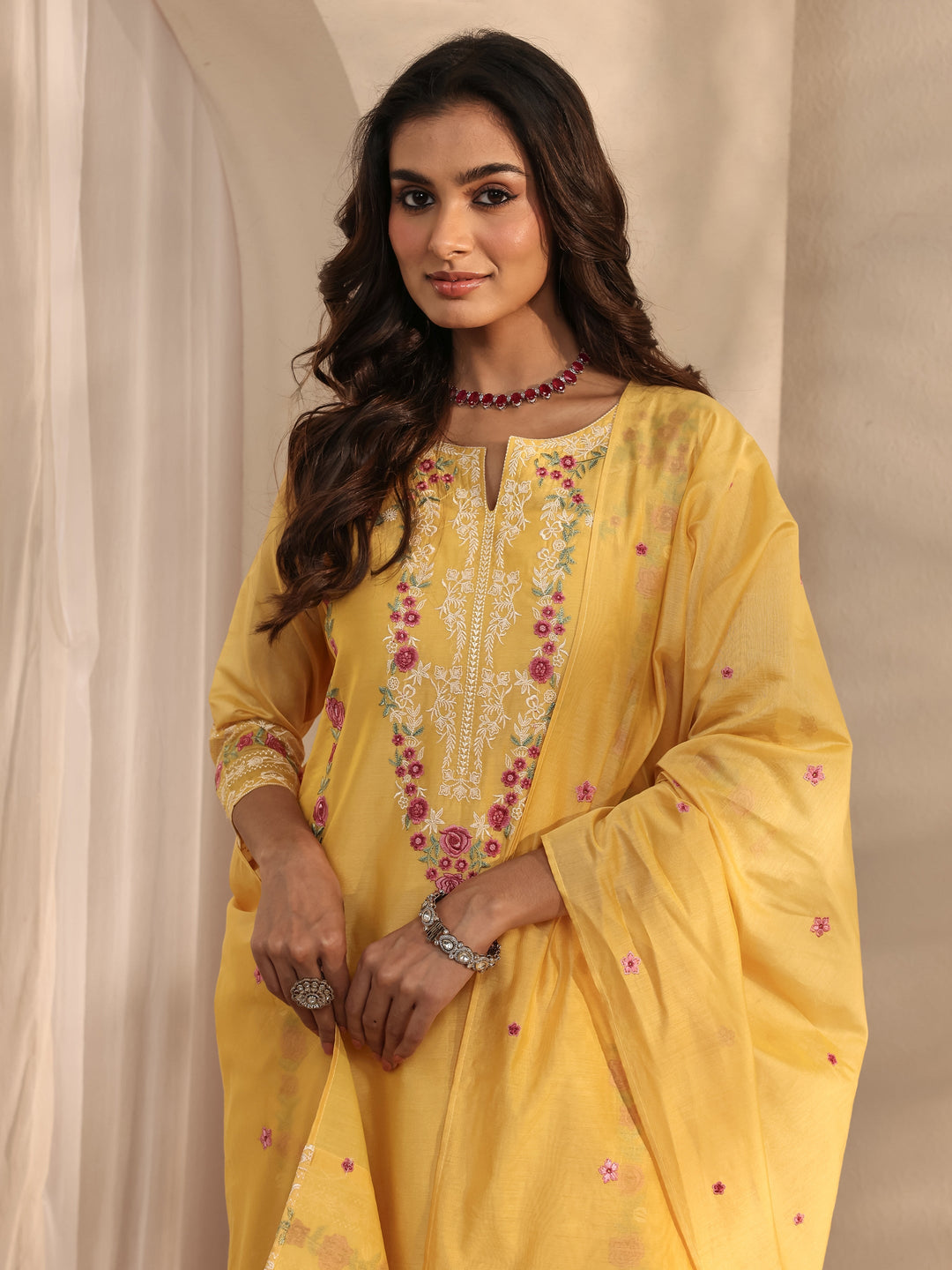  Libas Art Yellow Embroidered Silk Blend Straight Suit Set With Dupatta 
