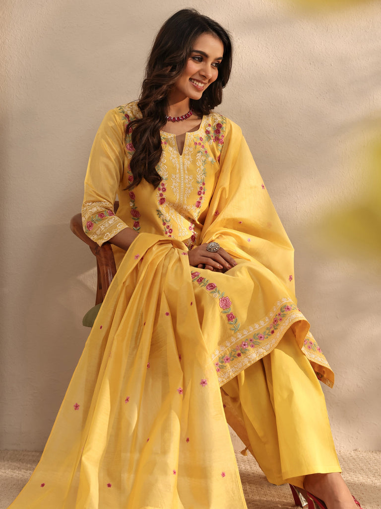 Libas Art Yellow Embroidered Silk Blend Straight Suit Set With Dupatta