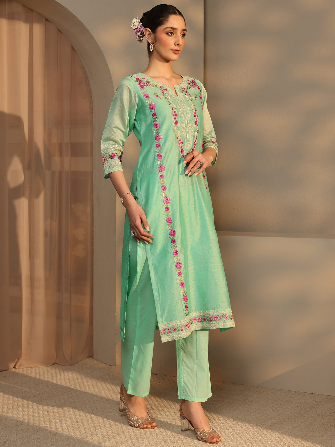  Libas Art Green Floral Embroidered Silk Blend Straight Suit Set With Dupatta 