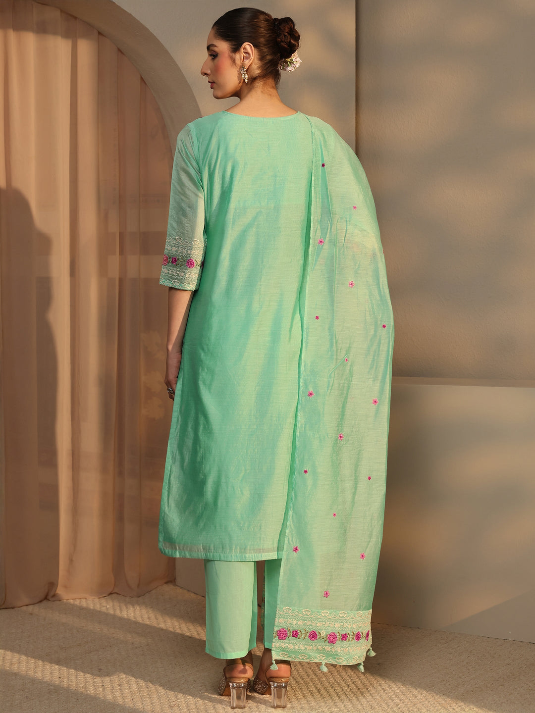  Libas Art Green Floral Embroidered Silk Blend Straight Suit Set With Dupatta 