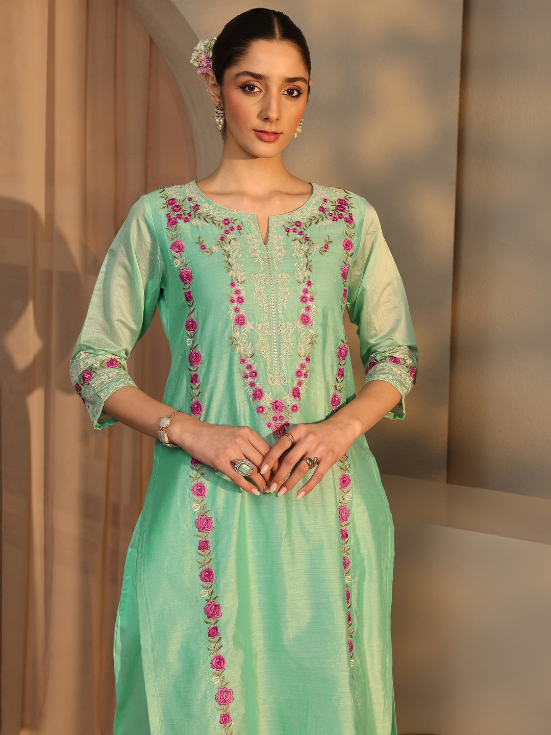  Libas Art Green Floral Embroidered Silk Blend Straight Suit Set With Dupatta 