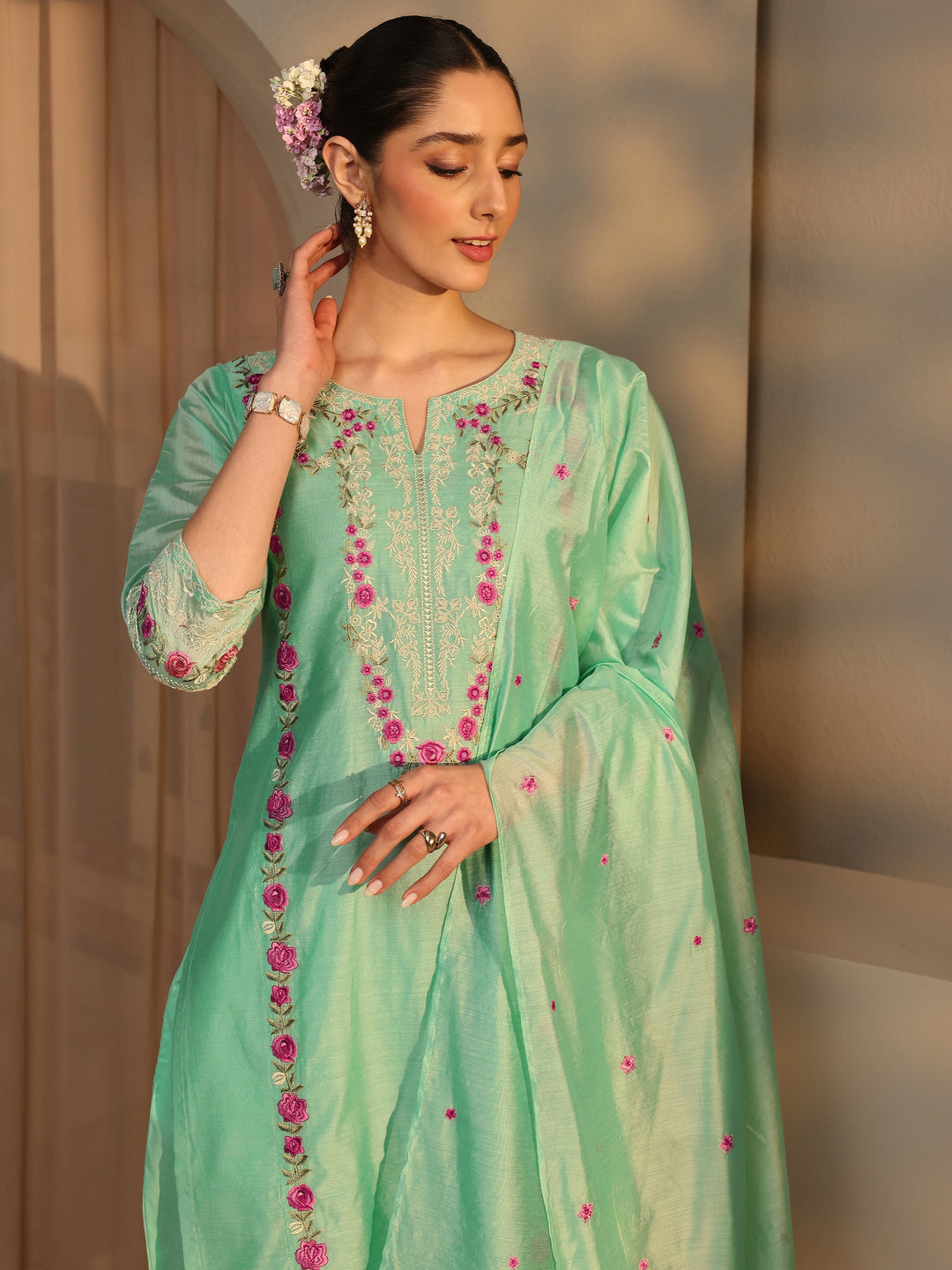  Libas Art Green Floral Embroidered Silk Blend Straight Suit Set With Dupatta 