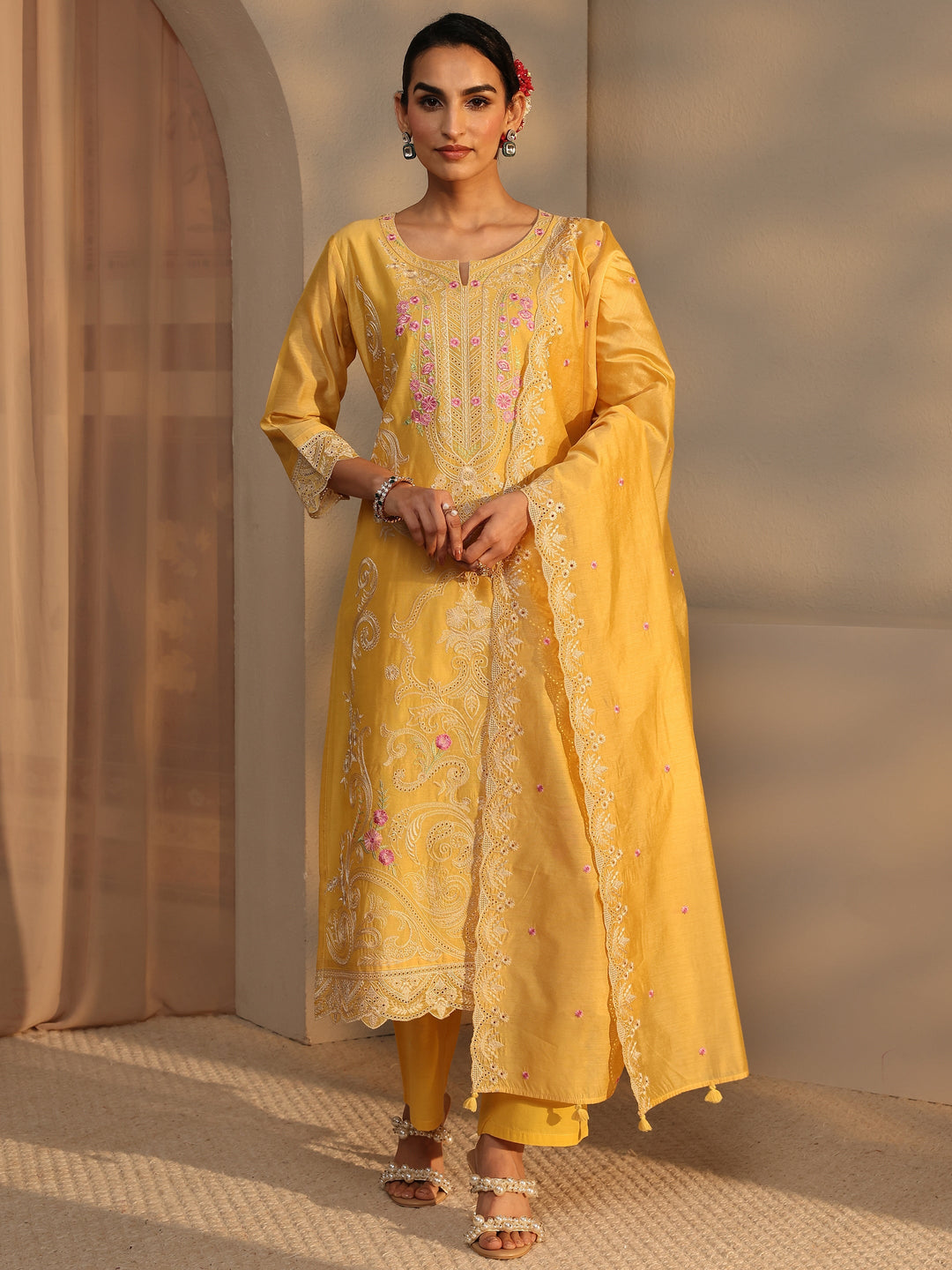  Libas Art Yellow Embroidered Silk Blend Straight Suit Set With Dupatta 