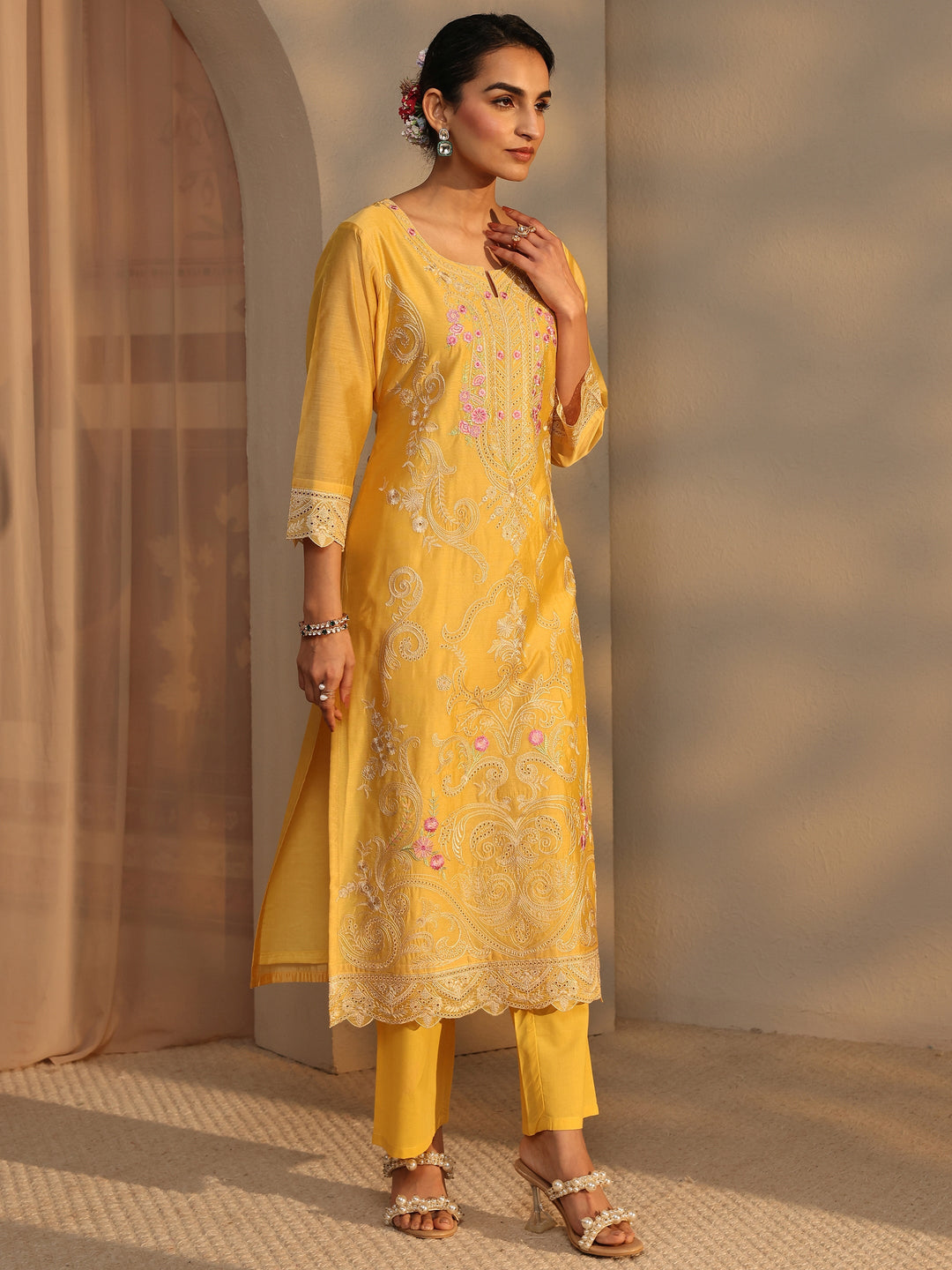  Libas Art Yellow Embroidered Silk Blend Straight Suit Set With Dupatta 