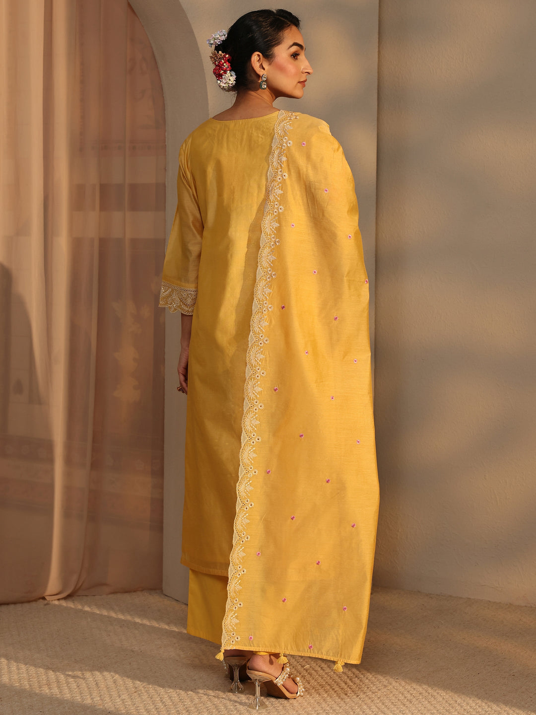  Libas Art Yellow Embroidered Silk Blend Straight Suit Set With Dupatta 