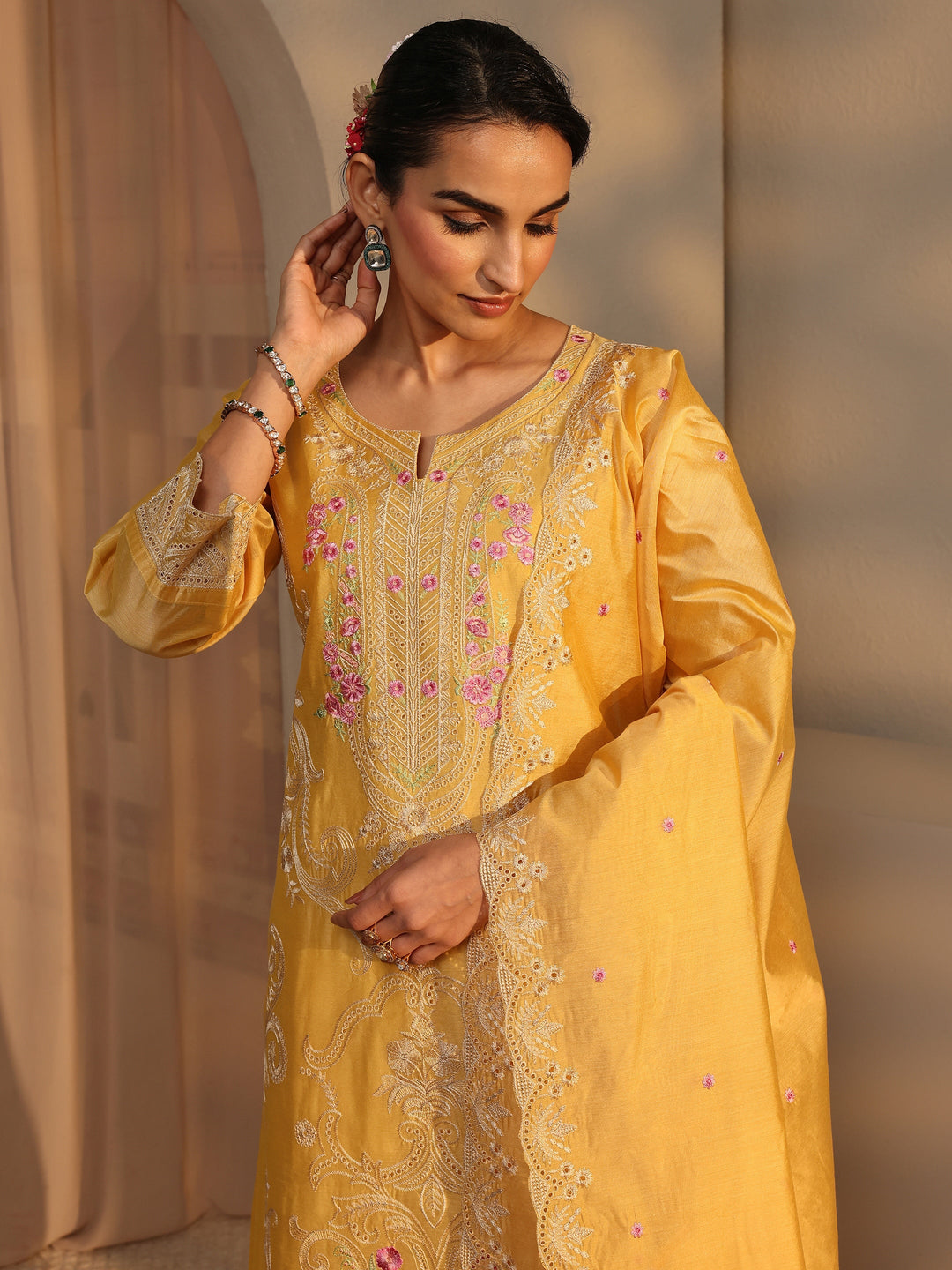  Libas Art Yellow Embroidered Silk Blend Straight Suit Set With Dupatta 