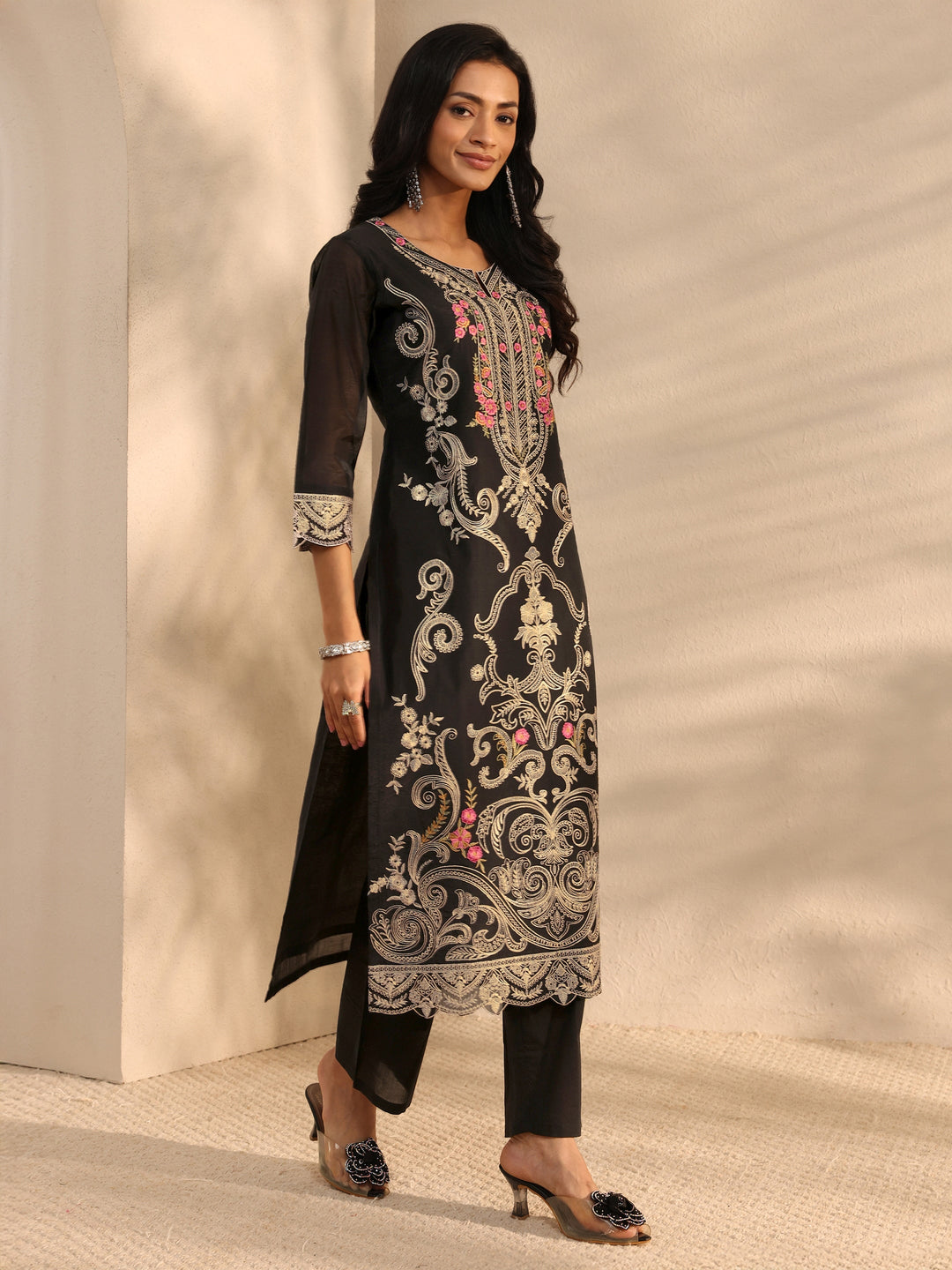  Libas Art Black Floral Embroidered Silk Blend Straight Suit Set With Dupatta 