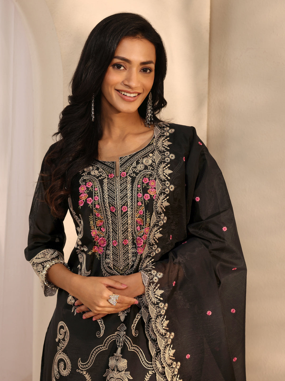  Libas Art Black Floral Embroidered Silk Blend Straight Suit Set With Dupatta 