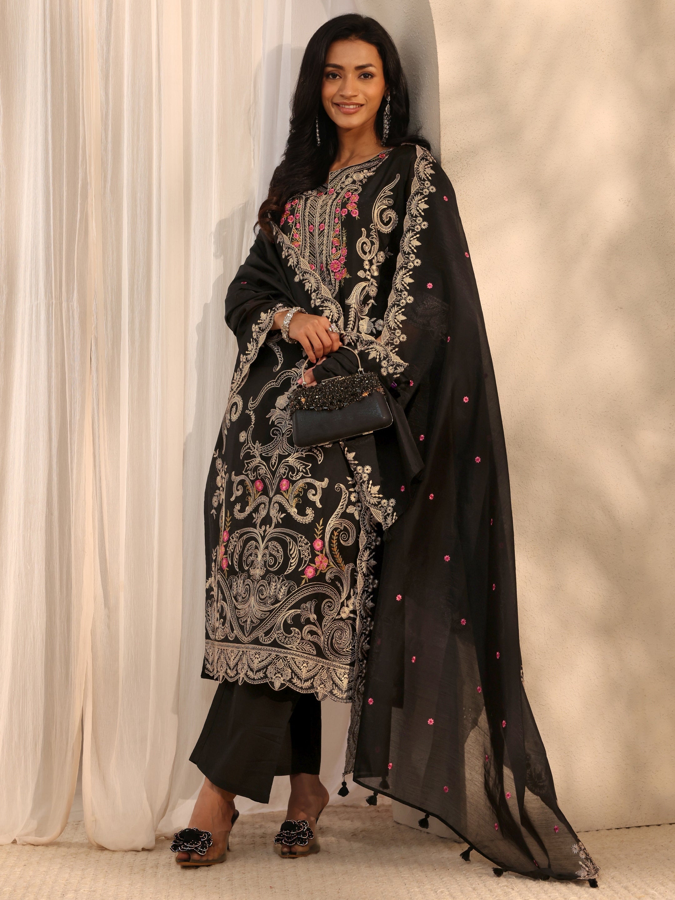 Libas Art Black Floral Embroidered Silk Blend Straight Suit Set With Dupatta-picture-36