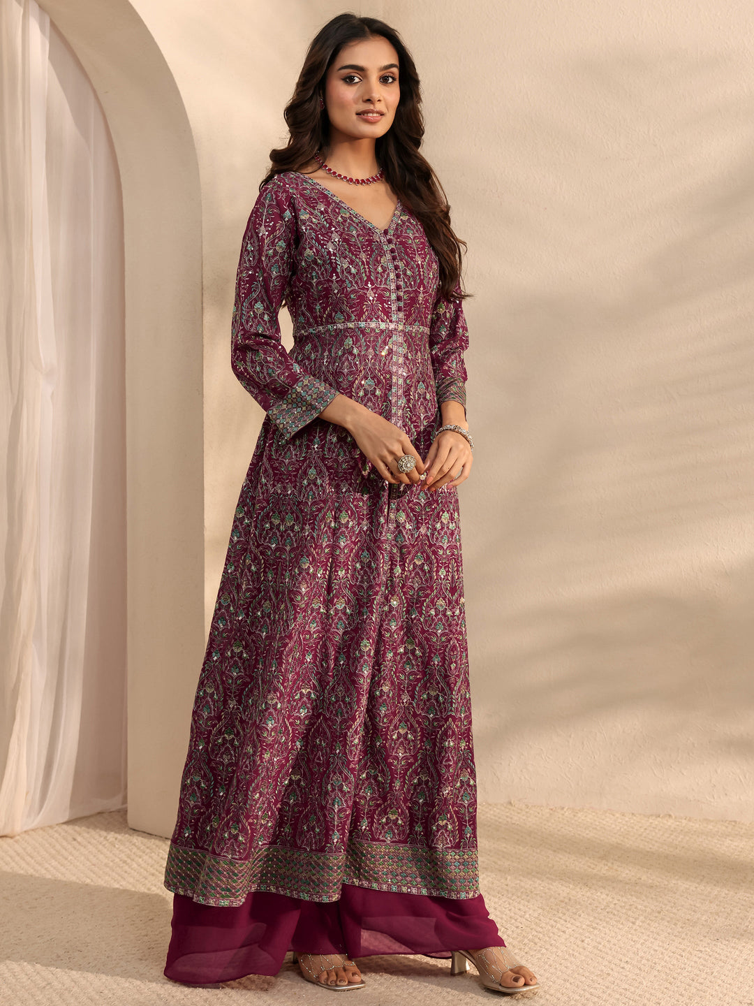  Libas Art Pink Floral Embroidered Georgette Anarkali Suit Set With Dupatta 