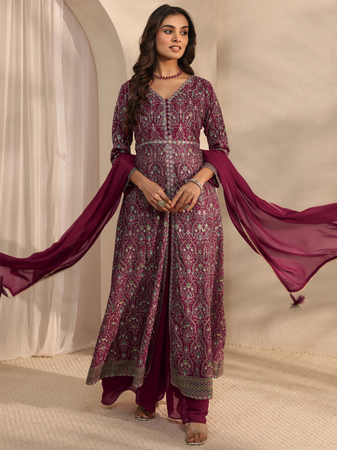  Libas Art Pink Floral Embroidered Georgette Anarkali Suit Set With Dupatta 