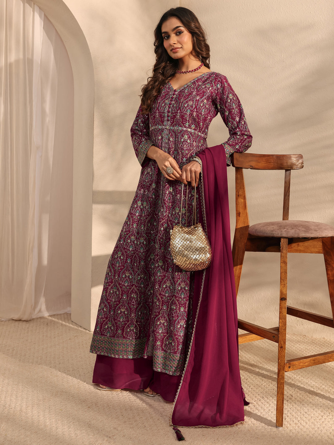 Libas Art Pink Floral Embroidered Georgette Anarkali Suit Set With Dupatta