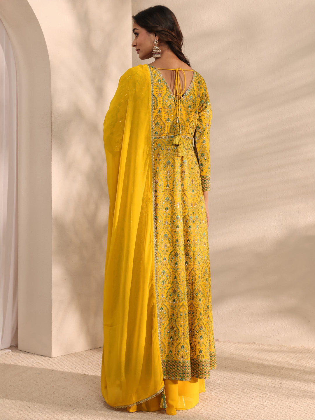 Libas Art Mustard Embroidered Georgette A-Line Suit Set With Dupatta 