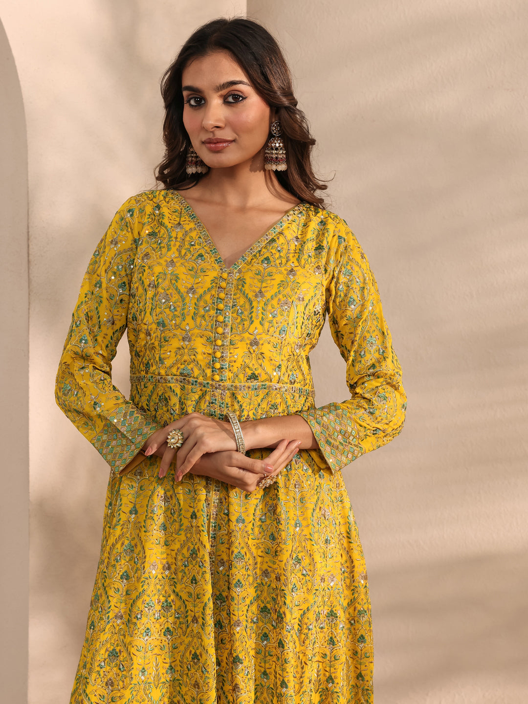  Libas Art Mustard Embroidered Georgette A-Line Suit Set With Dupatta 