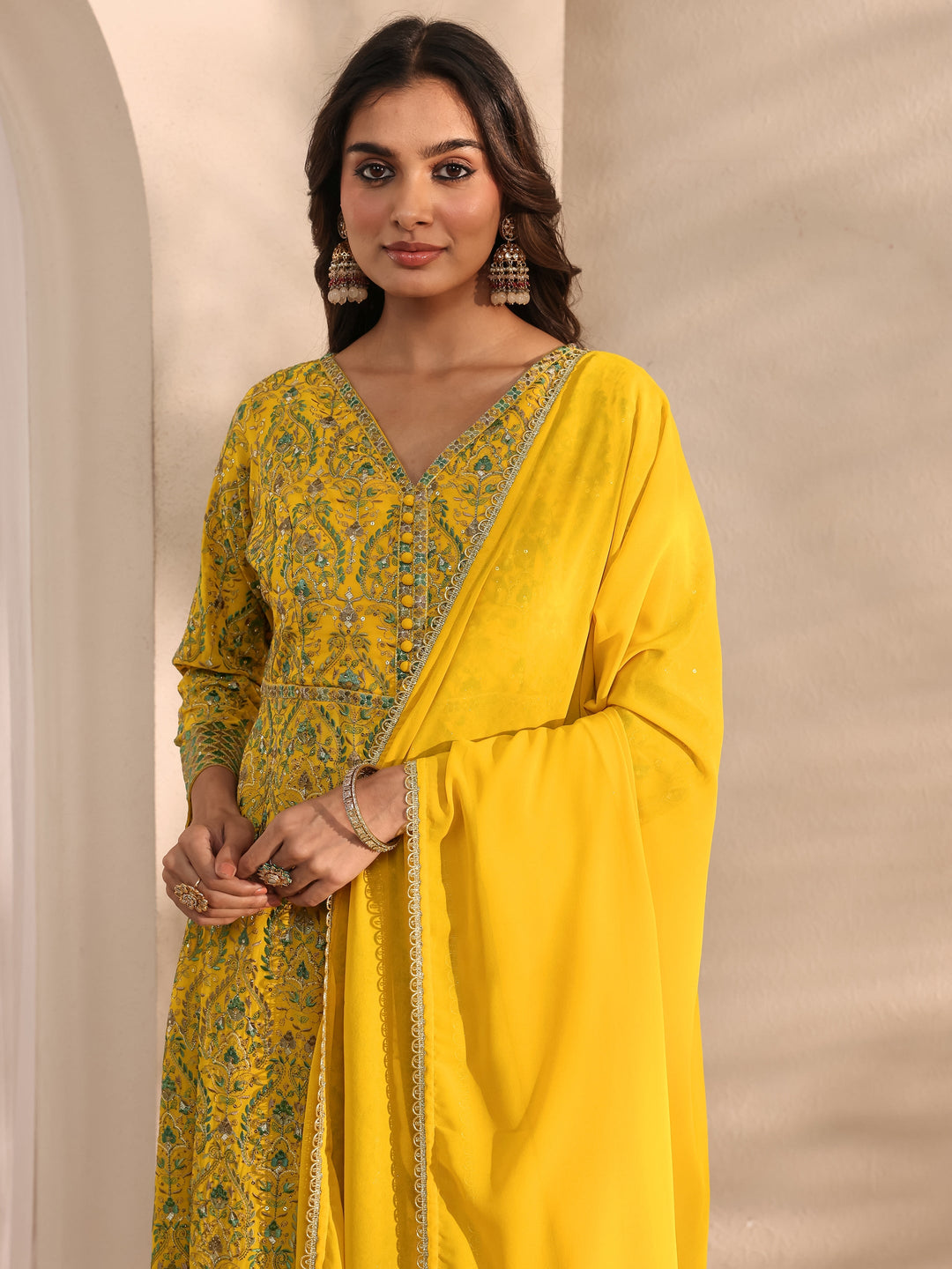  Libas Art Mustard Embroidered Georgette A-Line Suit Set With Dupatta 