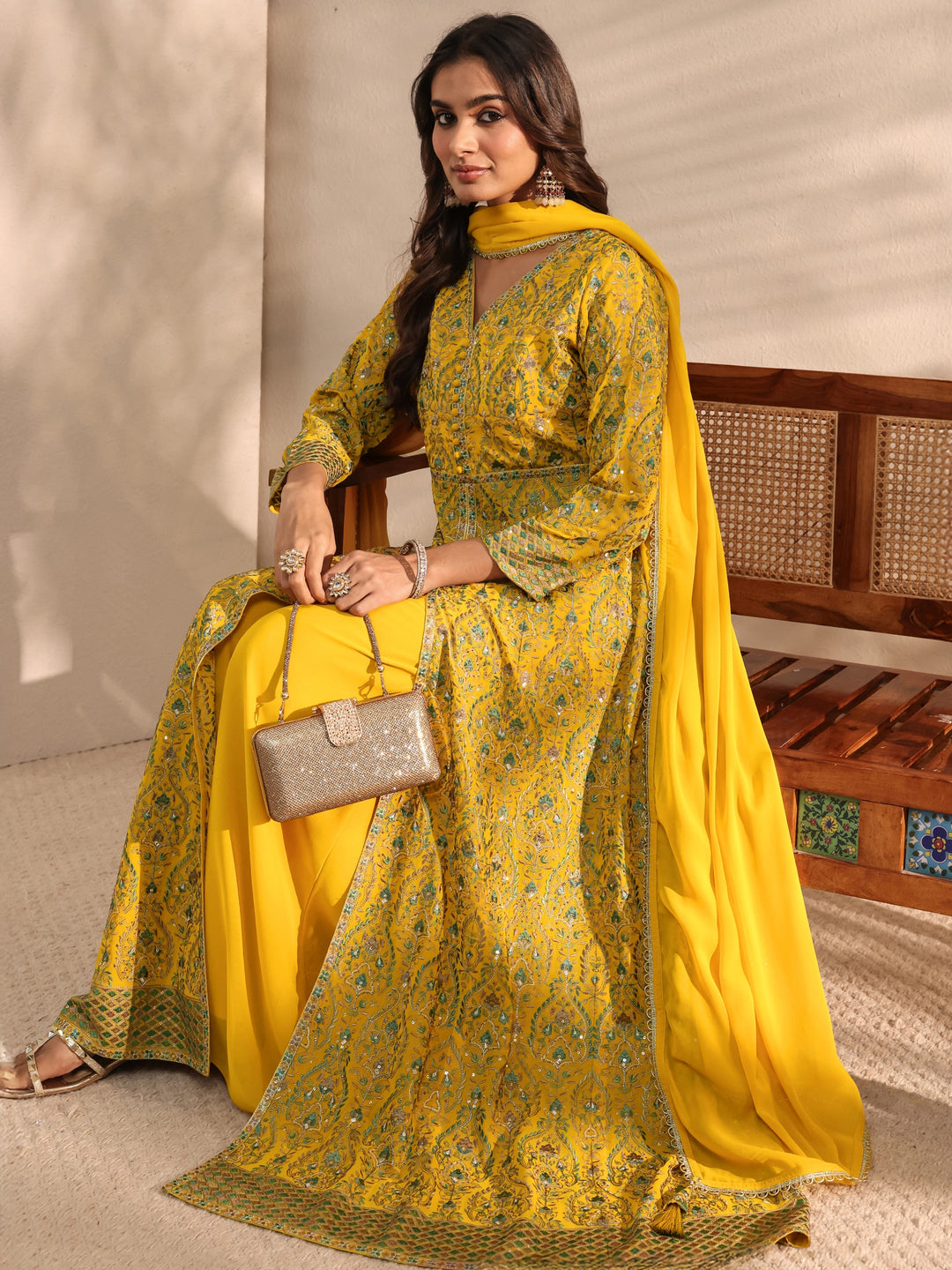 Libas Art Mustard Embroidered Georgette A-Line Suit Set With Dupatta