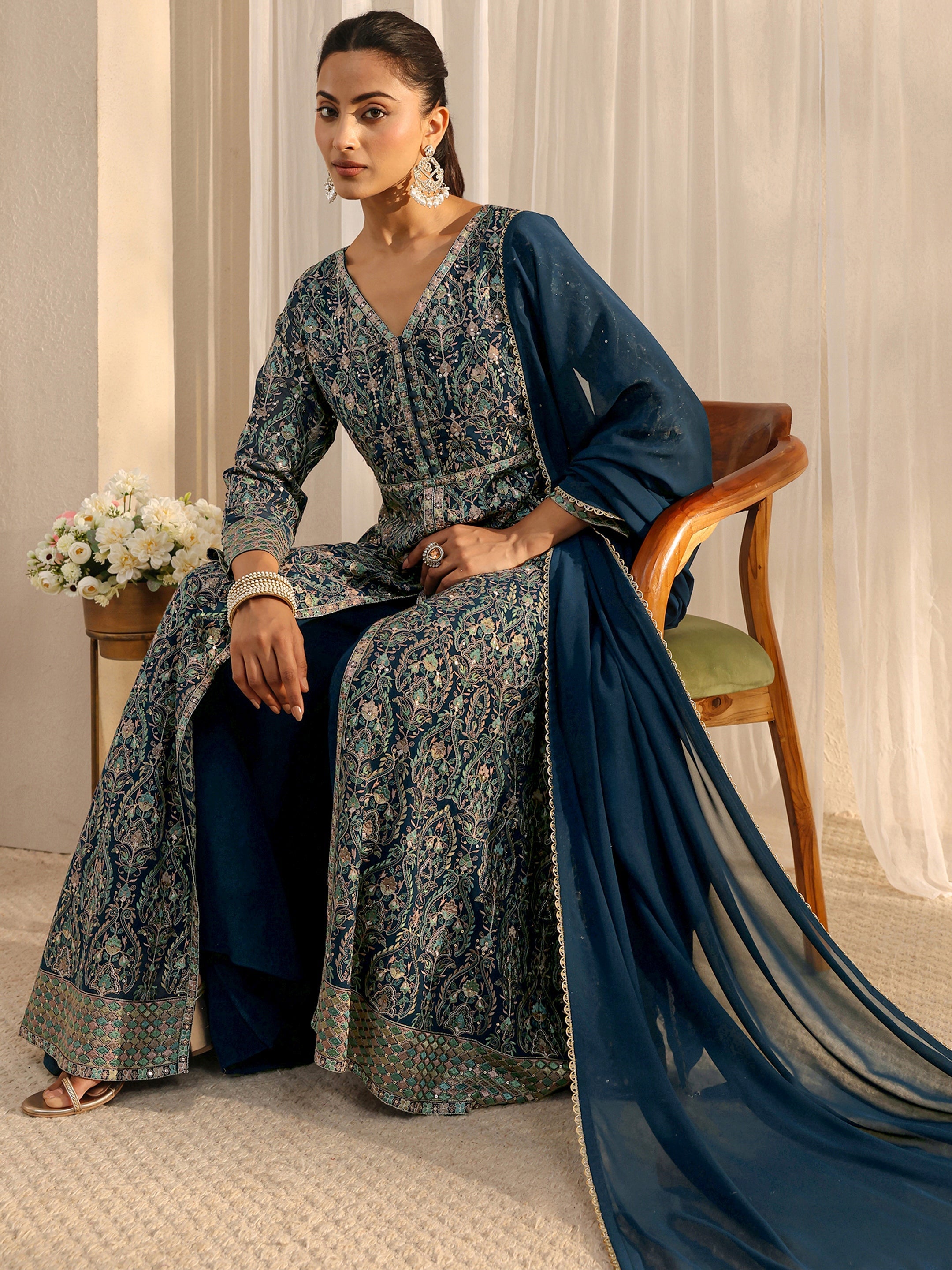Libas Art Blue Embellished Georgette A-Line Palazzo Suit Set With Dupatta-image-23