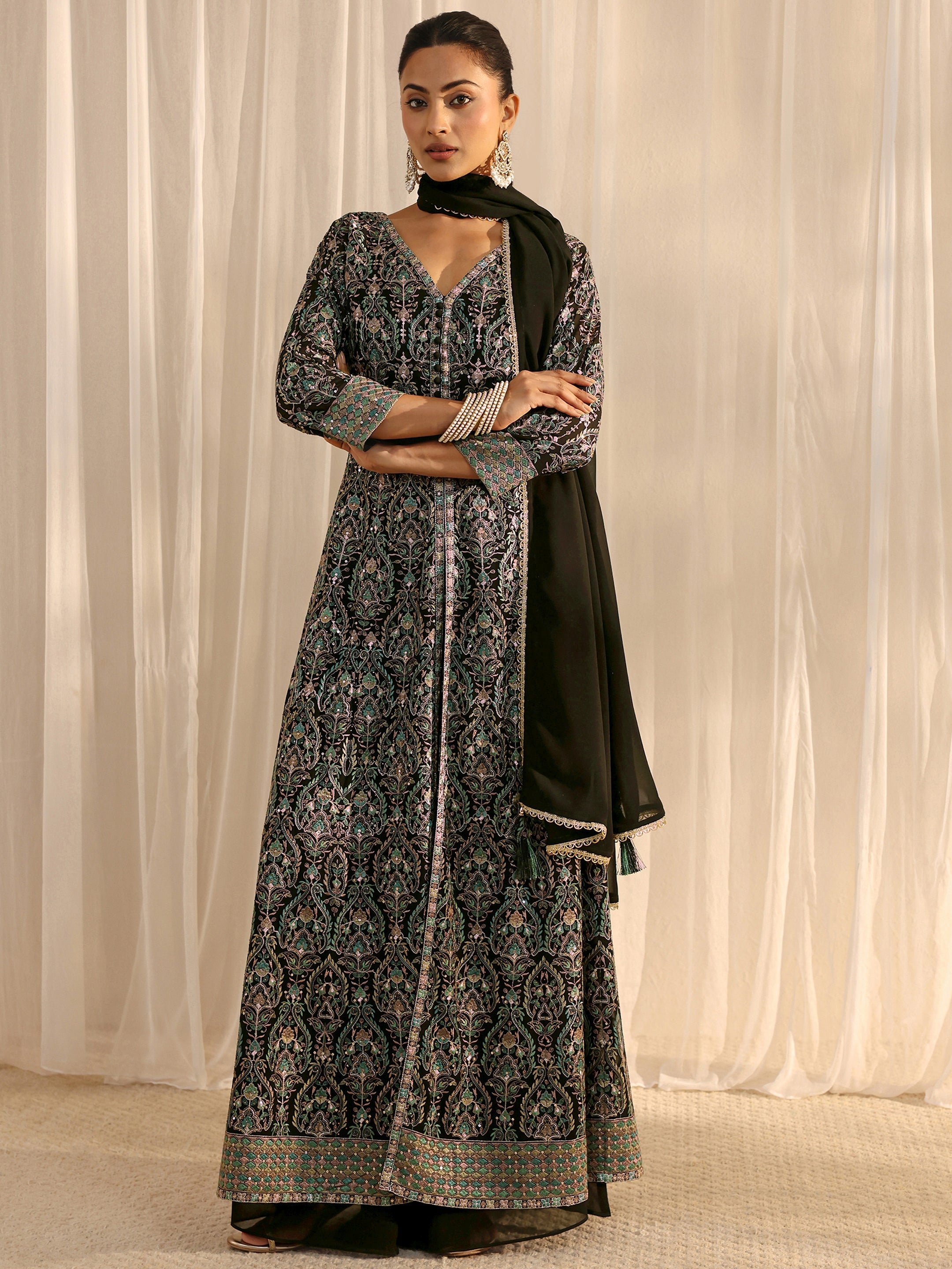 Libas Art Black Embellished Georgette A-Line Palazzo Suit Set With Dupatta-picture-41