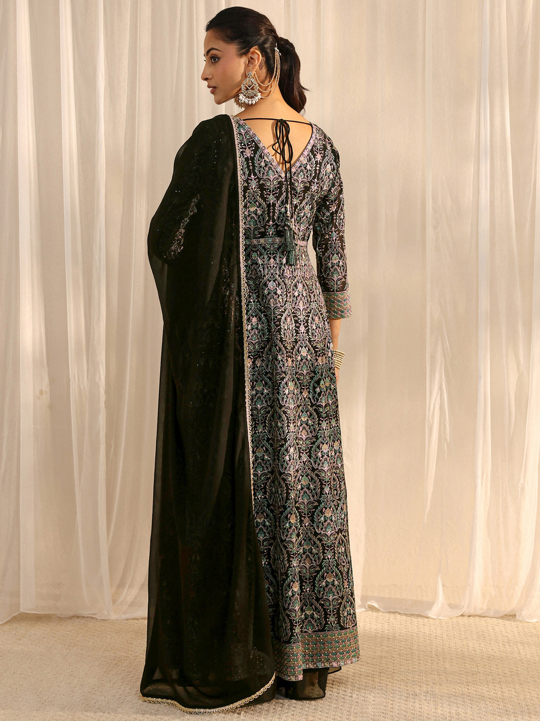  Libas Art Black Embellished Georgette A-Line Palazzo Suit Set With Dupatta 