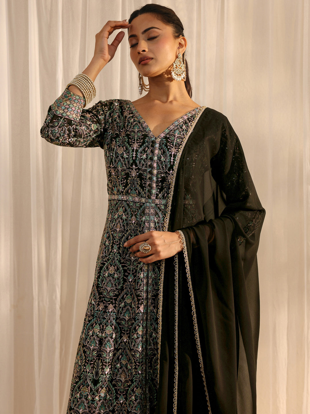  Libas Art Black Embellished Georgette A-Line Palazzo Suit Set With Dupatta 