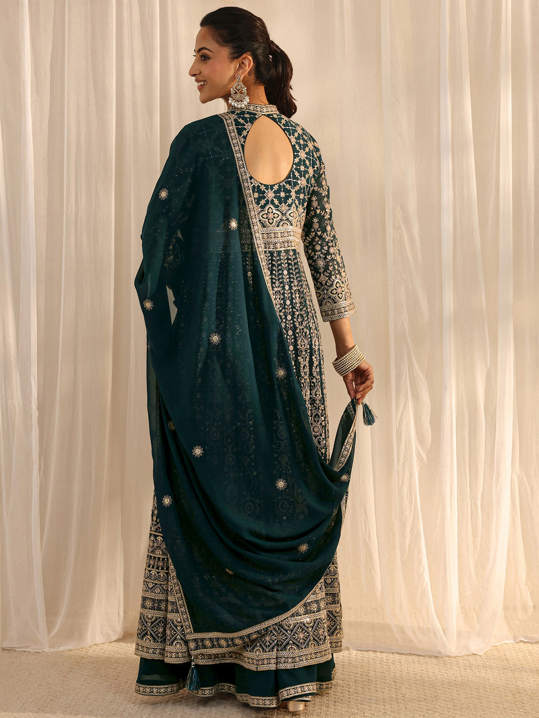  Libas Art Teal Embellished Georgette A-Line Palazzo Suit Set With Dupatta 