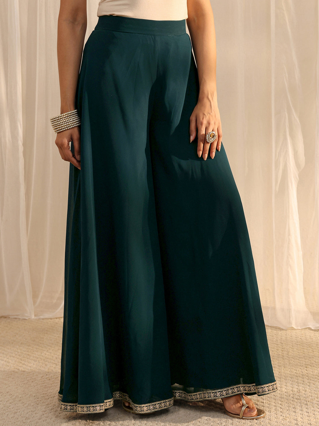  Libas Art Teal Embellished Georgette A-Line Palazzo Suit Set With Dupatta 