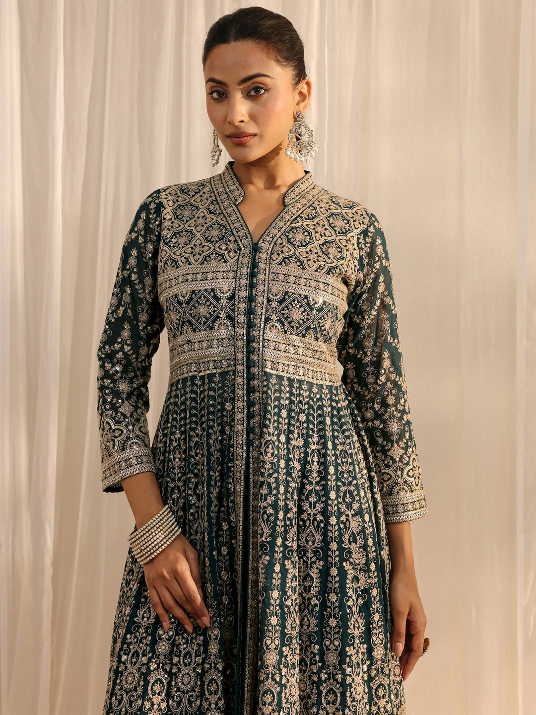  Libas Art Teal Embellished Georgette A-Line Palazzo Suit Set With Dupatta 