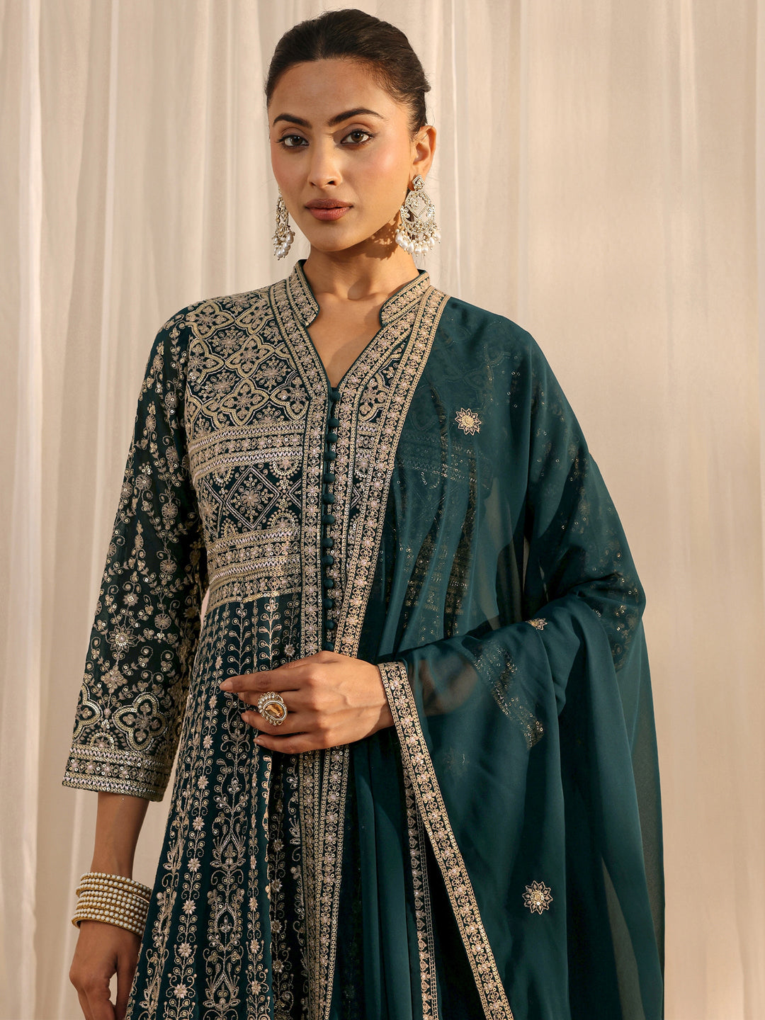  Libas Art Teal Embellished Georgette A-Line Palazzo Suit Set With Dupatta 