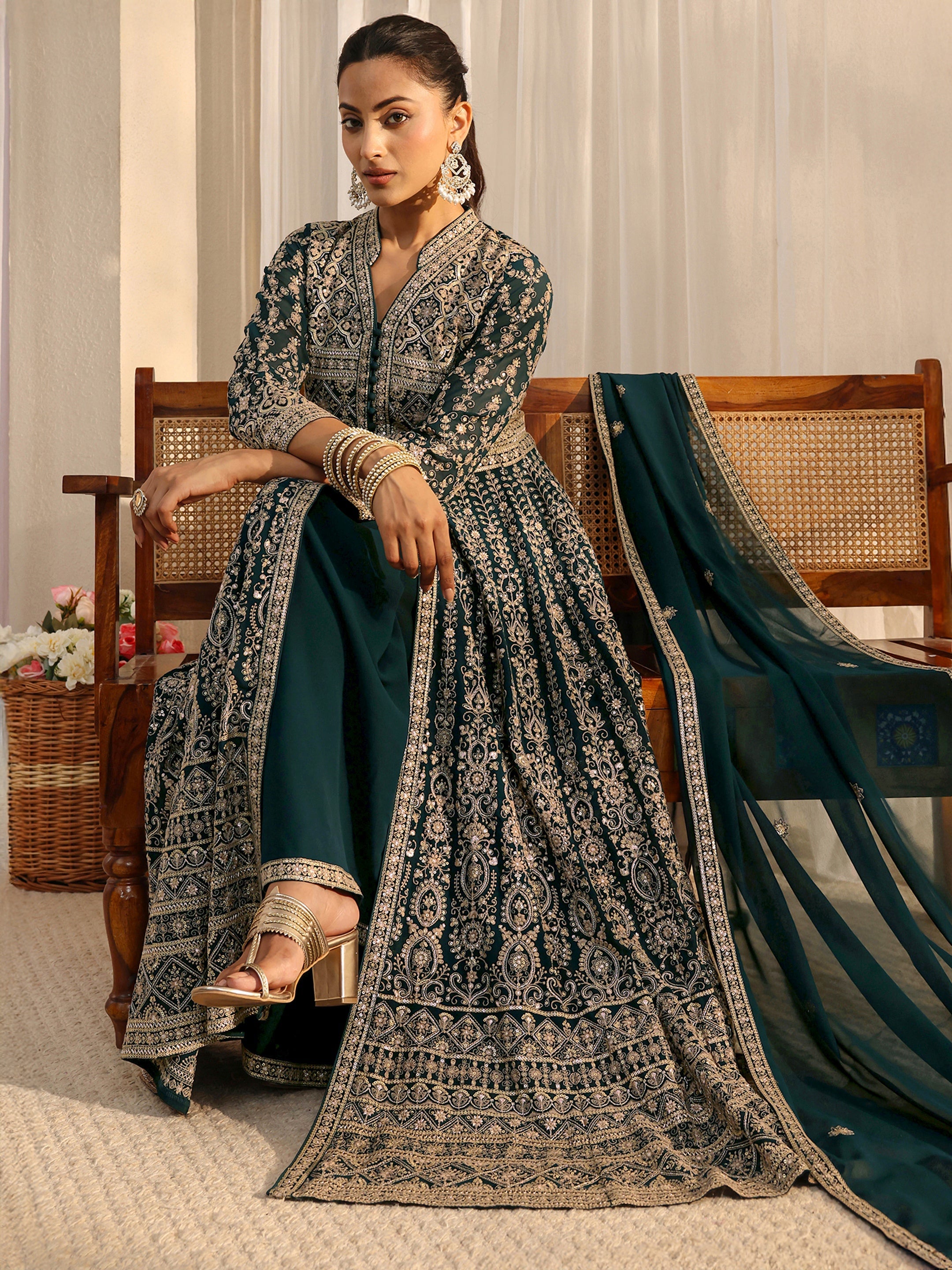 Libas Art Teal Embellished Georgette A-Line Palazzo Suit Set With Dupatta-image-23
