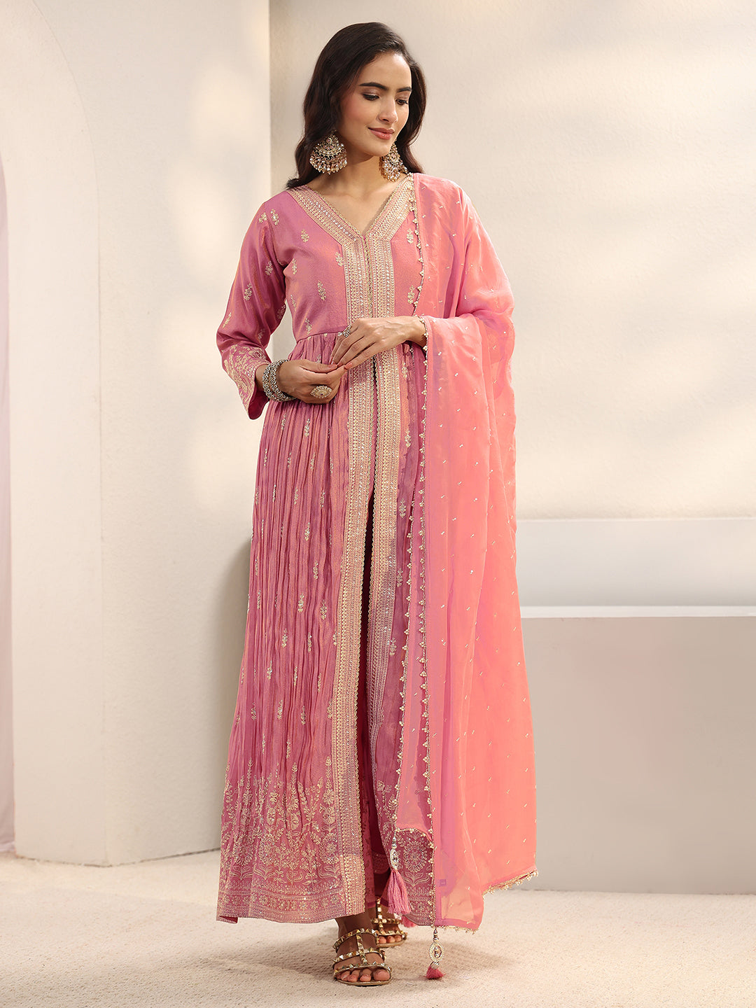  Libas Art Pink Floral Embellished Silk Blend Anarkali Suit Set With Dupatta 