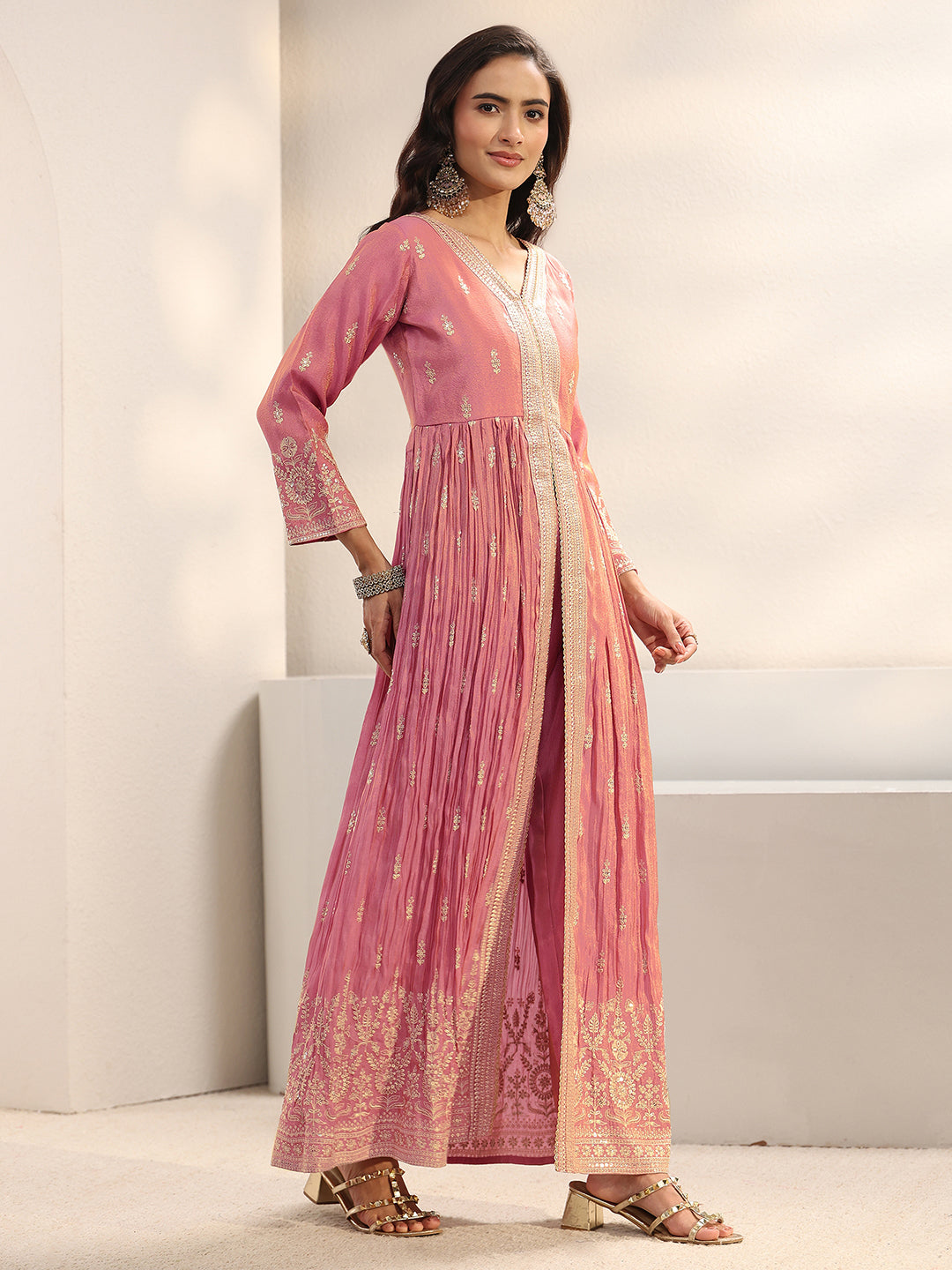  Libas Art Pink Floral Embellished Silk Blend Anarkali Suit Set With Dupatta 