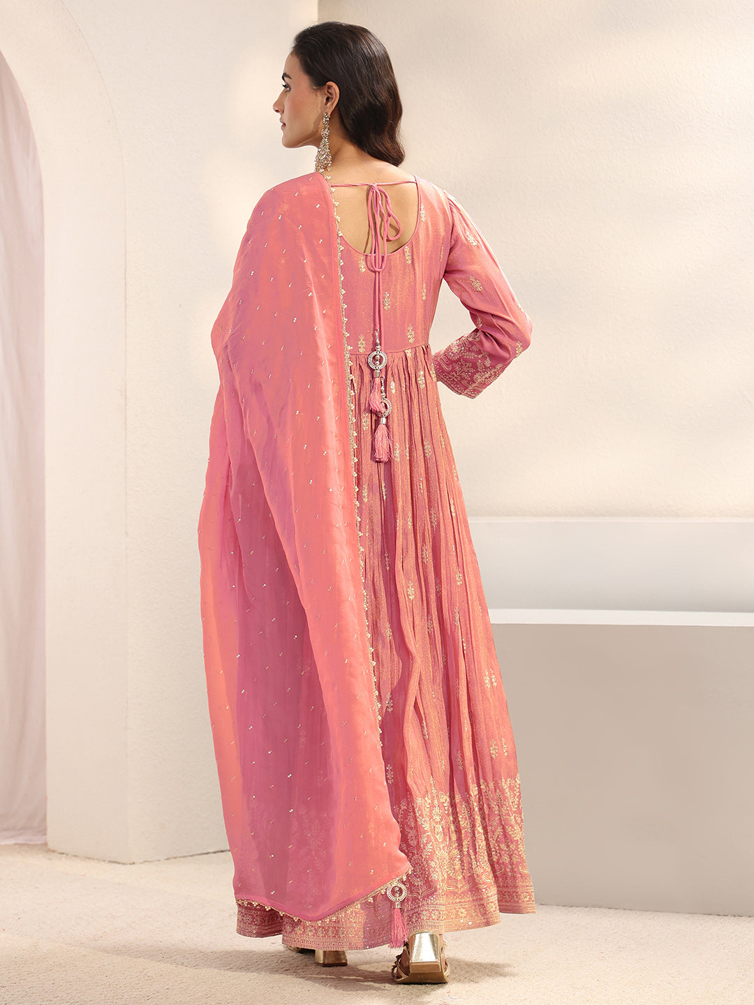  Libas Art Pink Floral Embellished Silk Blend Anarkali Suit Set With Dupatta 