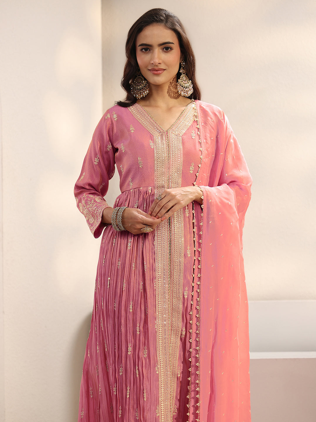  Libas Art Pink Floral Embellished Silk Blend Anarkali Suit Set With Dupatta 