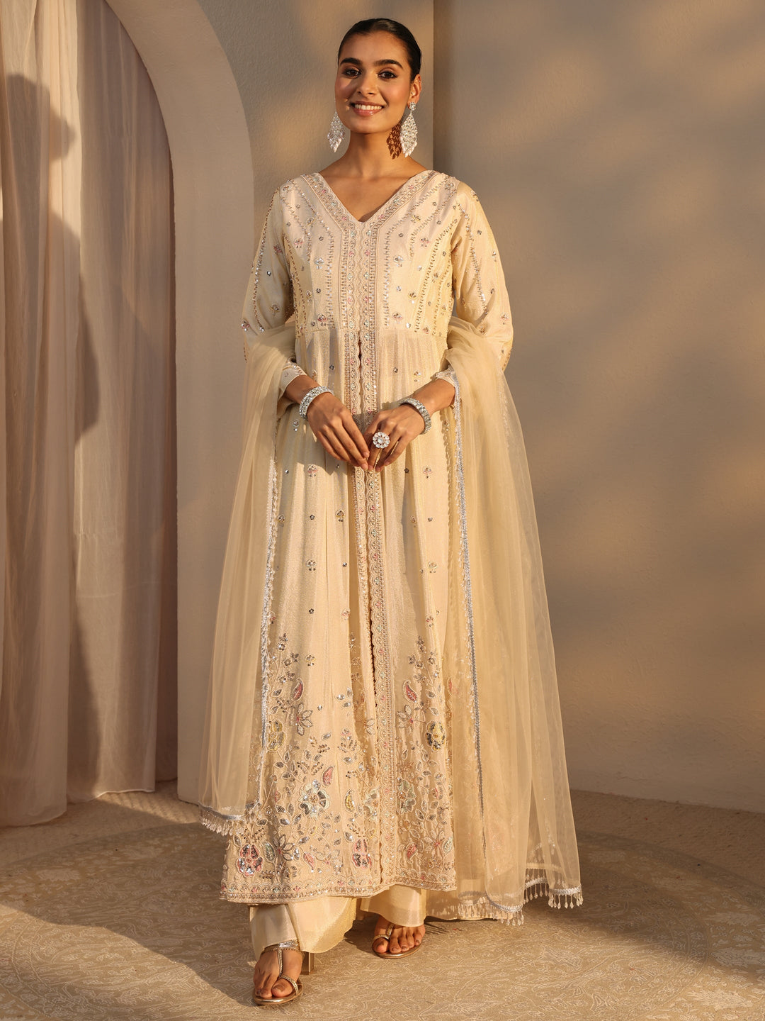  Libas Art Cream Embroidered Silk Blend A-Line Suits Set With Dupatta 