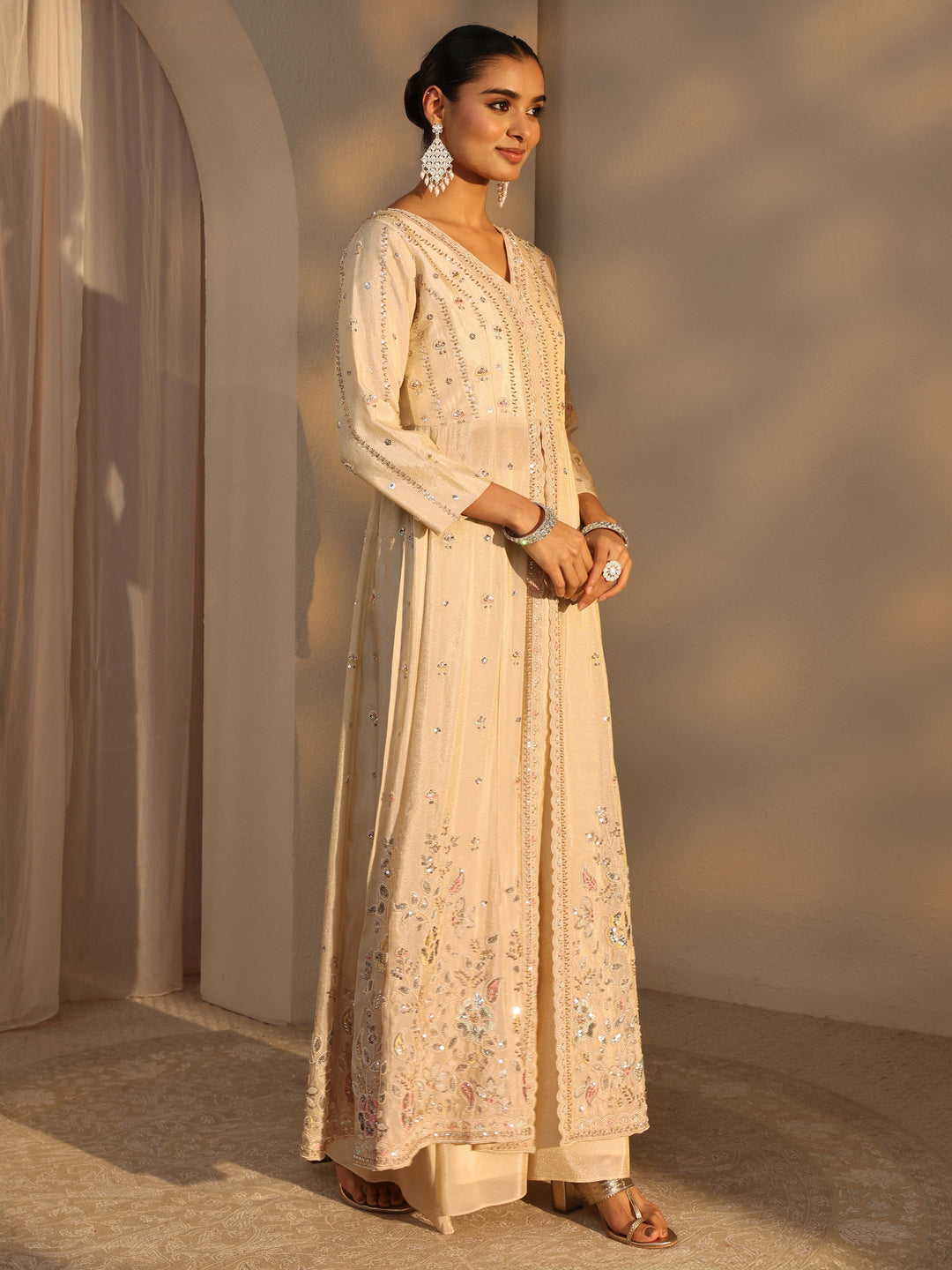  Libas Art Cream Embroidered Silk Blend A-Line Suits Set With Dupatta 