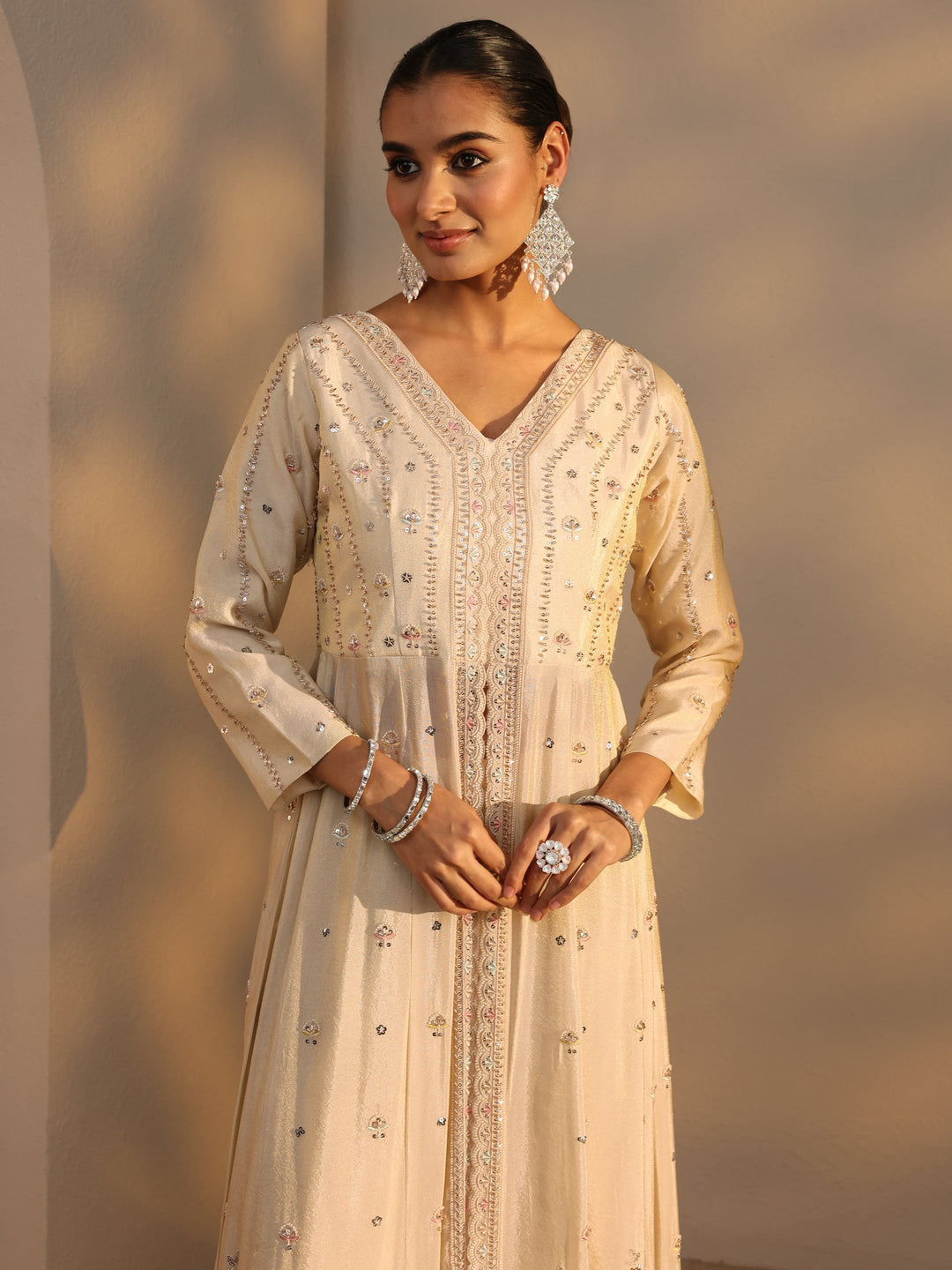  Libas Art Cream Embroidered Silk Blend A-Line Suits Set With Dupatta 