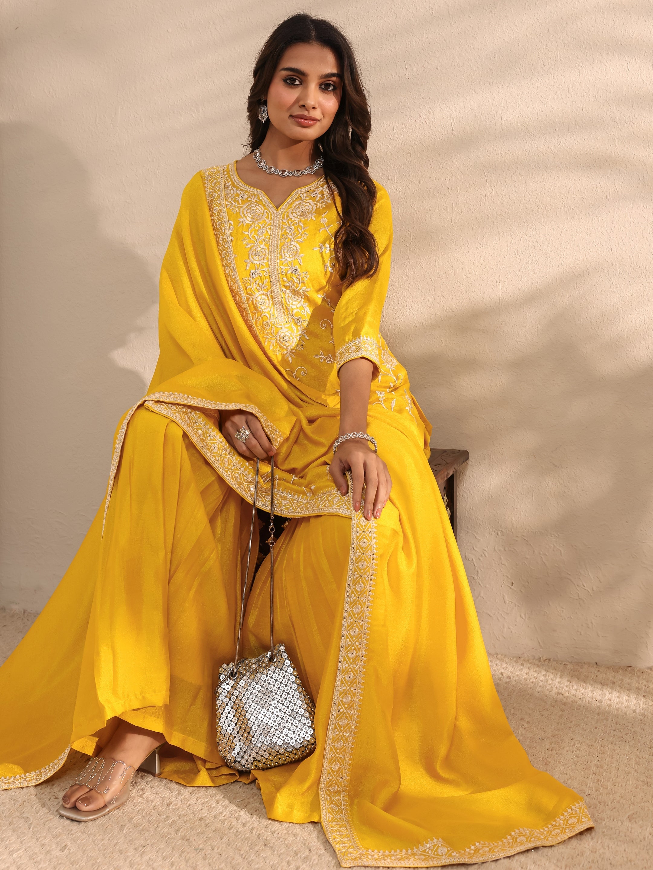 libas Mustard Floral Embroidered Silk Blend Straight Suit Set With Dupatta-picture-32